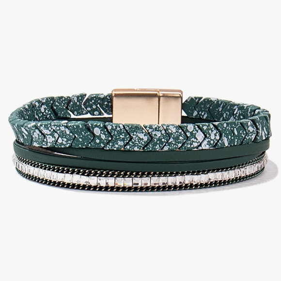 🆕 Green Hematite Leather Rhinestone Wrap Cuff Bracelet with Magnetic Clasp - Picture 1 of 4